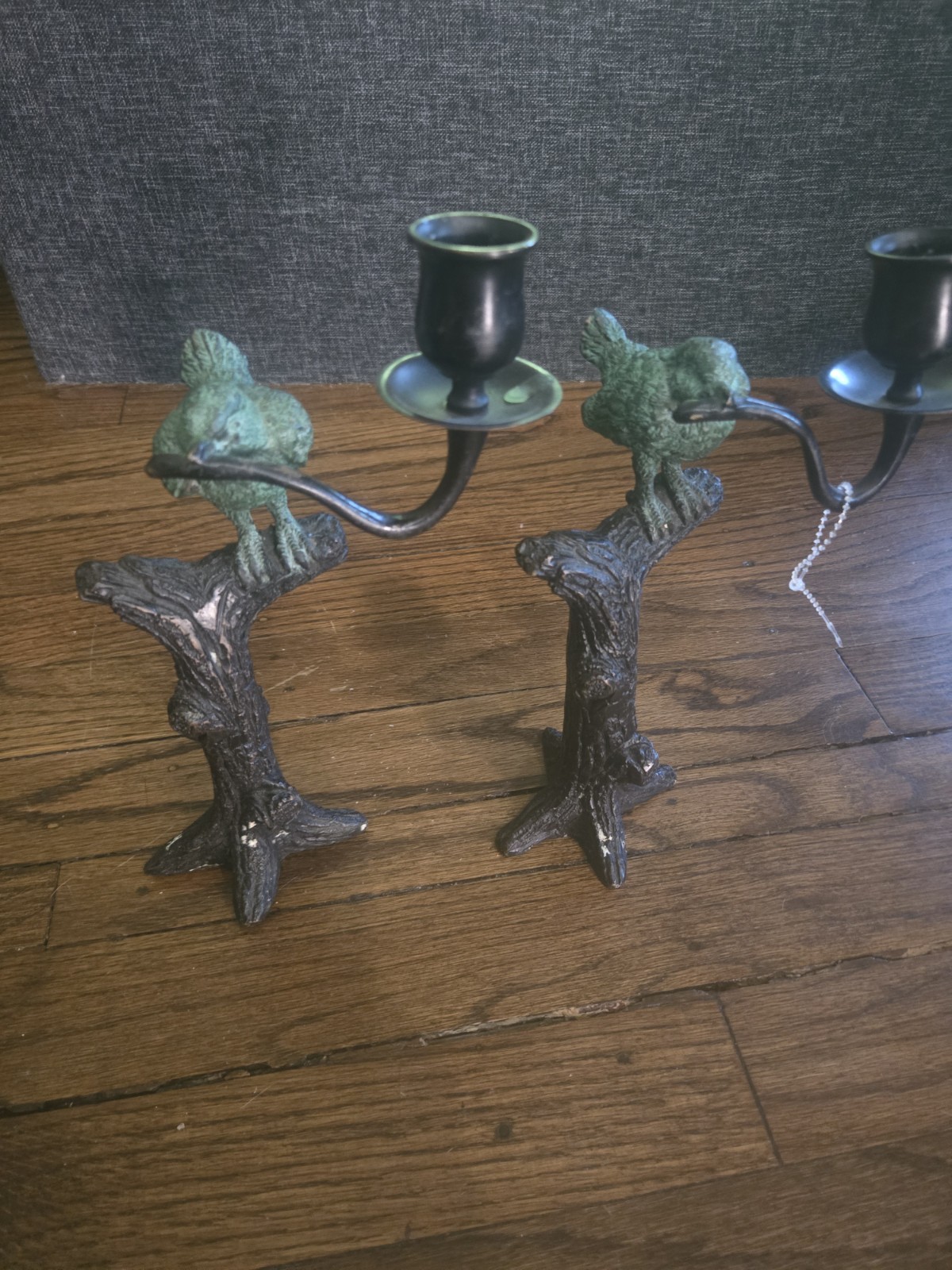 VINTAGE Birds Verdigris  Bronze And Cast Iron Candlestick Holder 