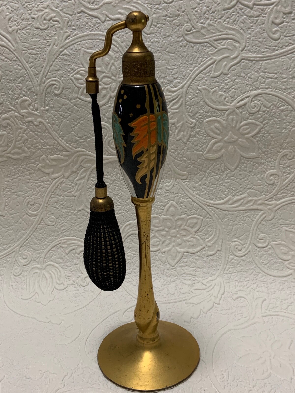 1926 DeVilbiss Perfume Atomizer Black Gold & Floral Enamel Twist Stem Art Deco