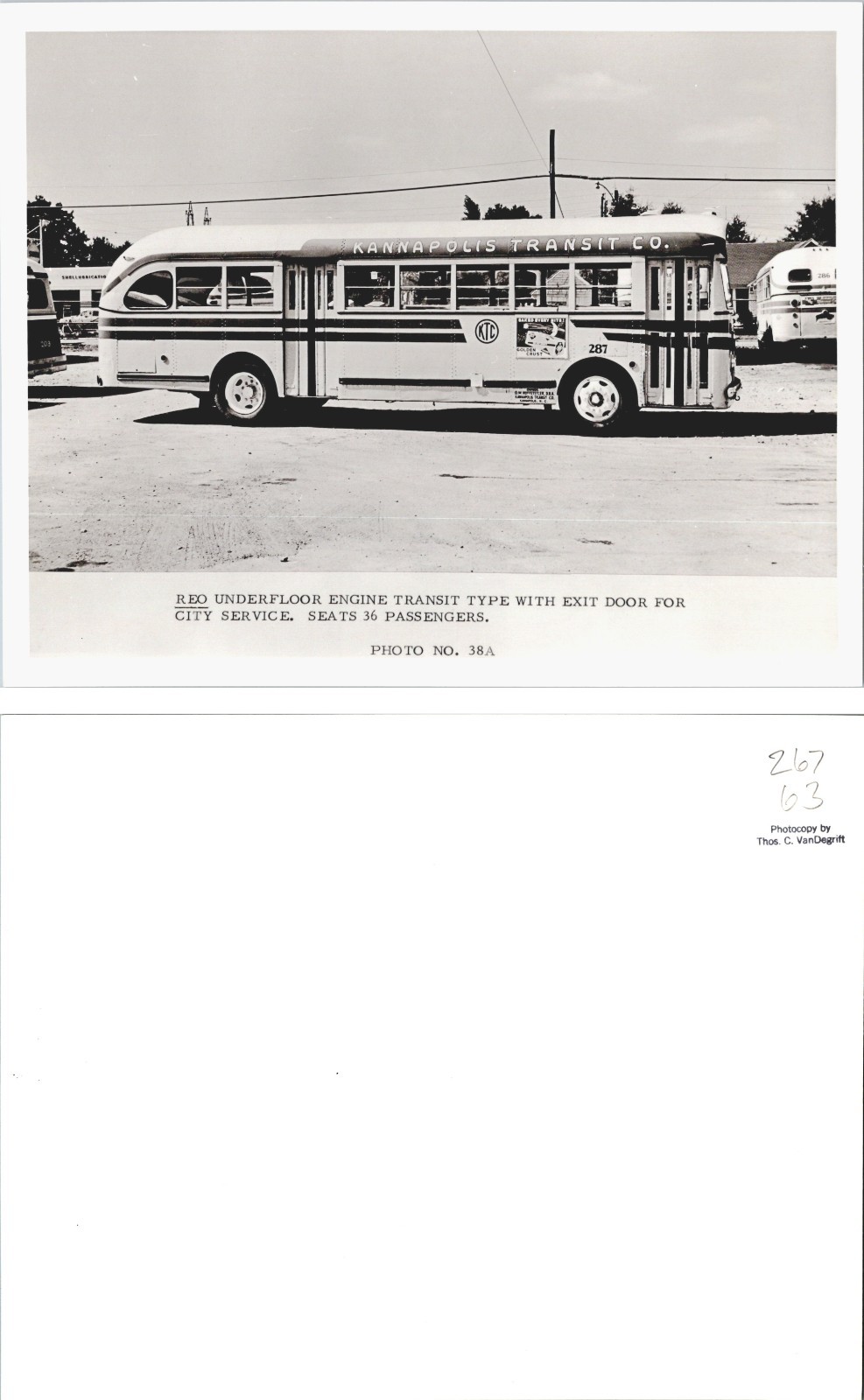 Thos VanDegrift 8x10 Photo Kannapolis Transit REO Underfloor Engine Bus 287