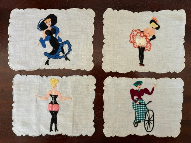 Vintage Cocktail Napkins Embroidered Risque Naughty Pin Up Girls Linen Set of 4