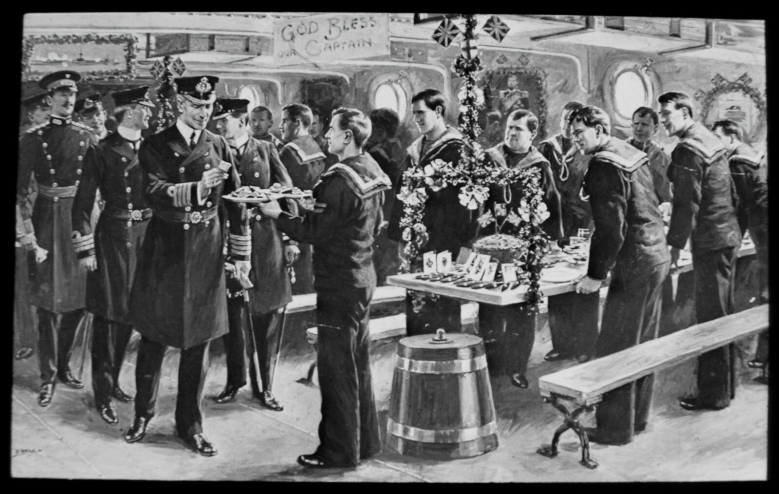 ANTIQUE Magic Lantern Slide CHRISTMAS DAY IN THE NAVY C1910 ILLUSTRATION