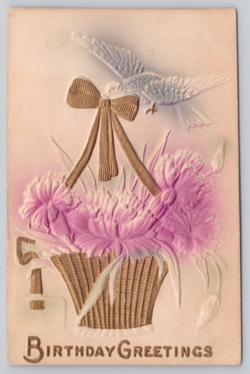 1914 Embossed Birthday Greetings Postcard Dove & Flowers Waterville Ohio