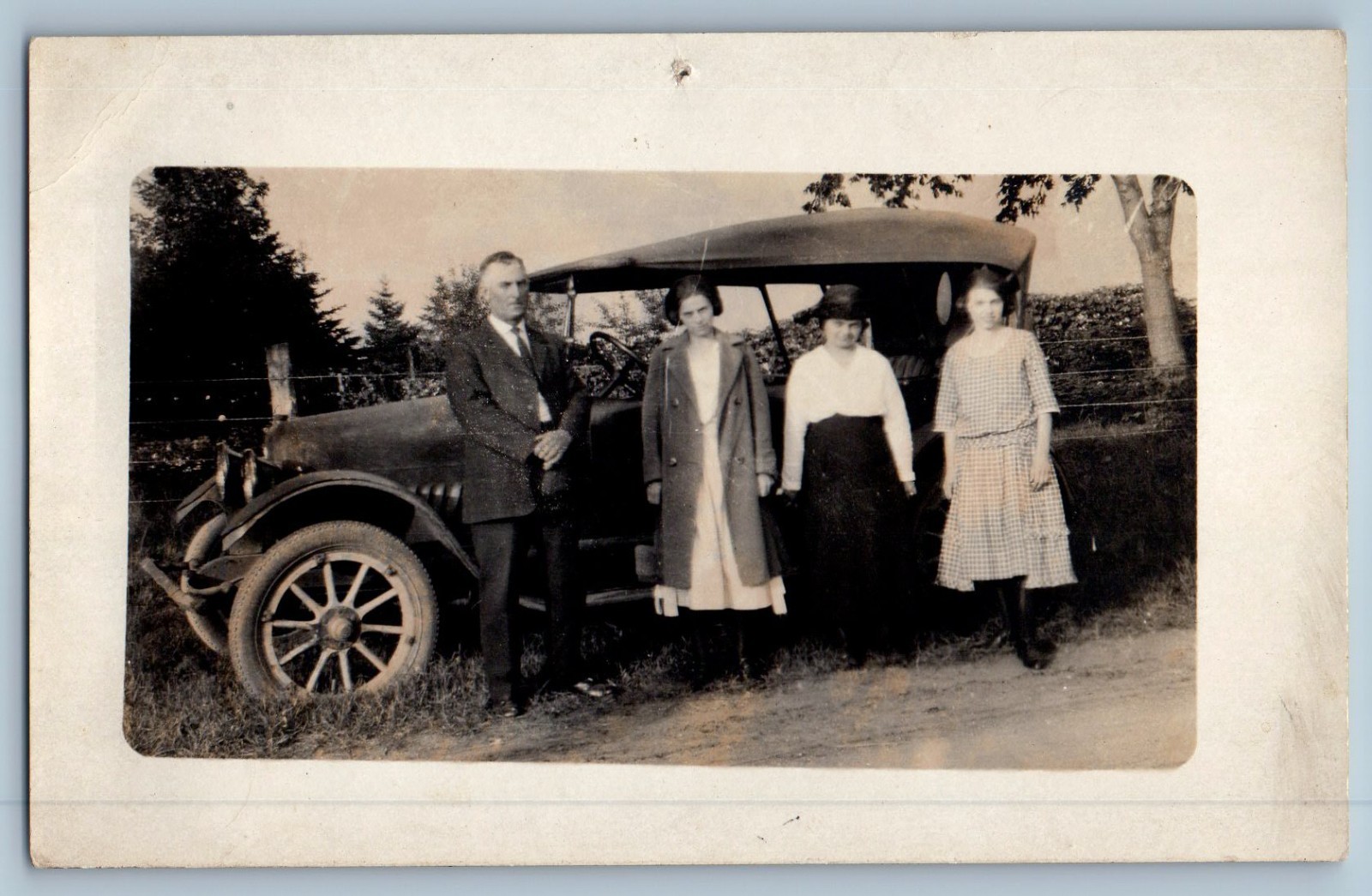 c1910's Three Women Car Scene Dirt Road PPC Photo Unposted Antique Postcard