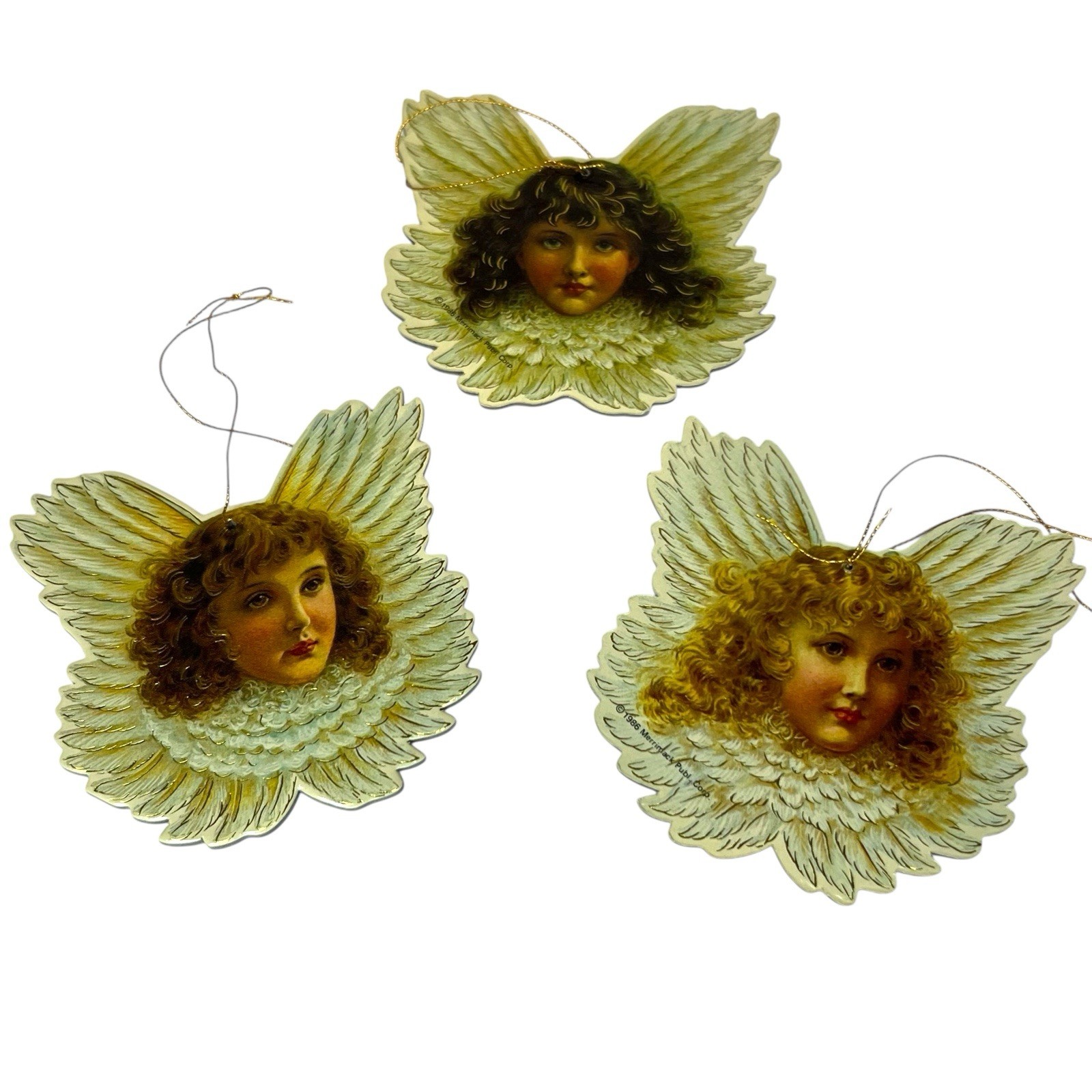 Vtg 1986 Merrimack Publishing Corp Ornament Angel Gold 2-Sided Christmas Set 3