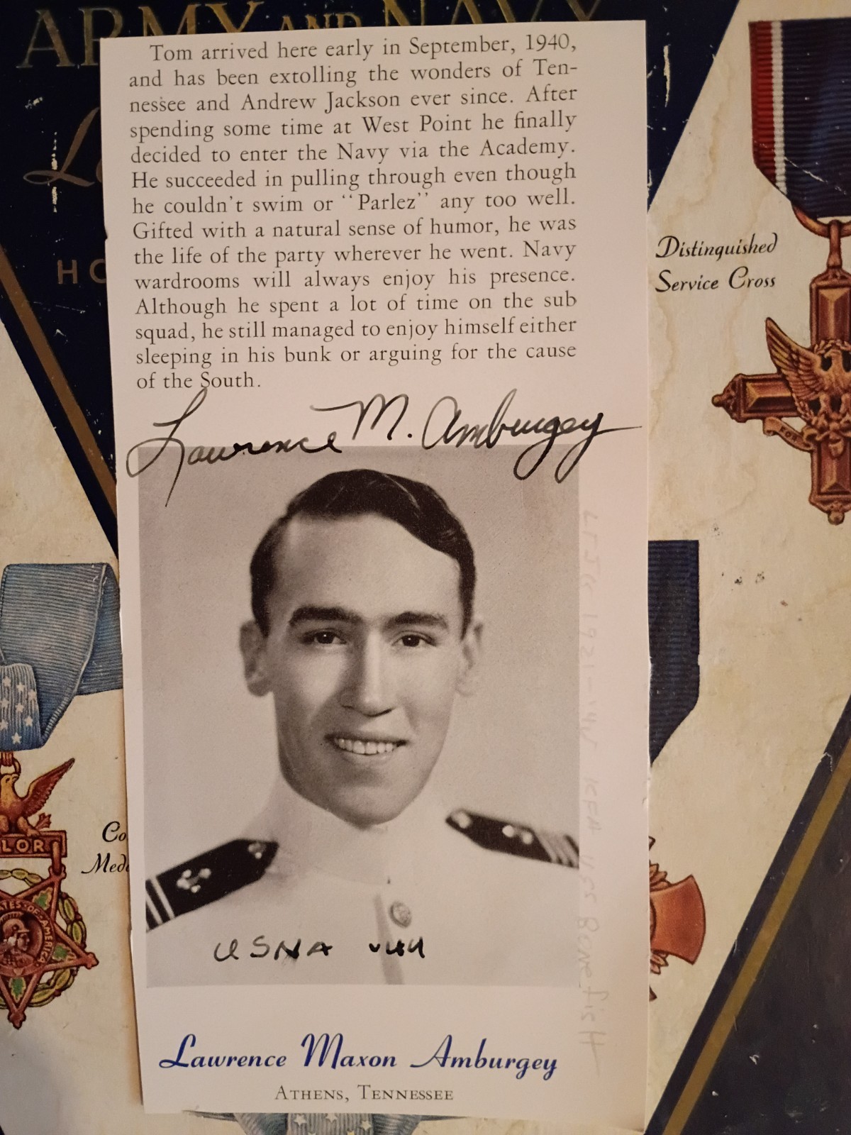 Lt jg LAWRENCE M. AMBURGEY KIA USS Bonefish SS-223 WWII Signed 1944 USNA Photos