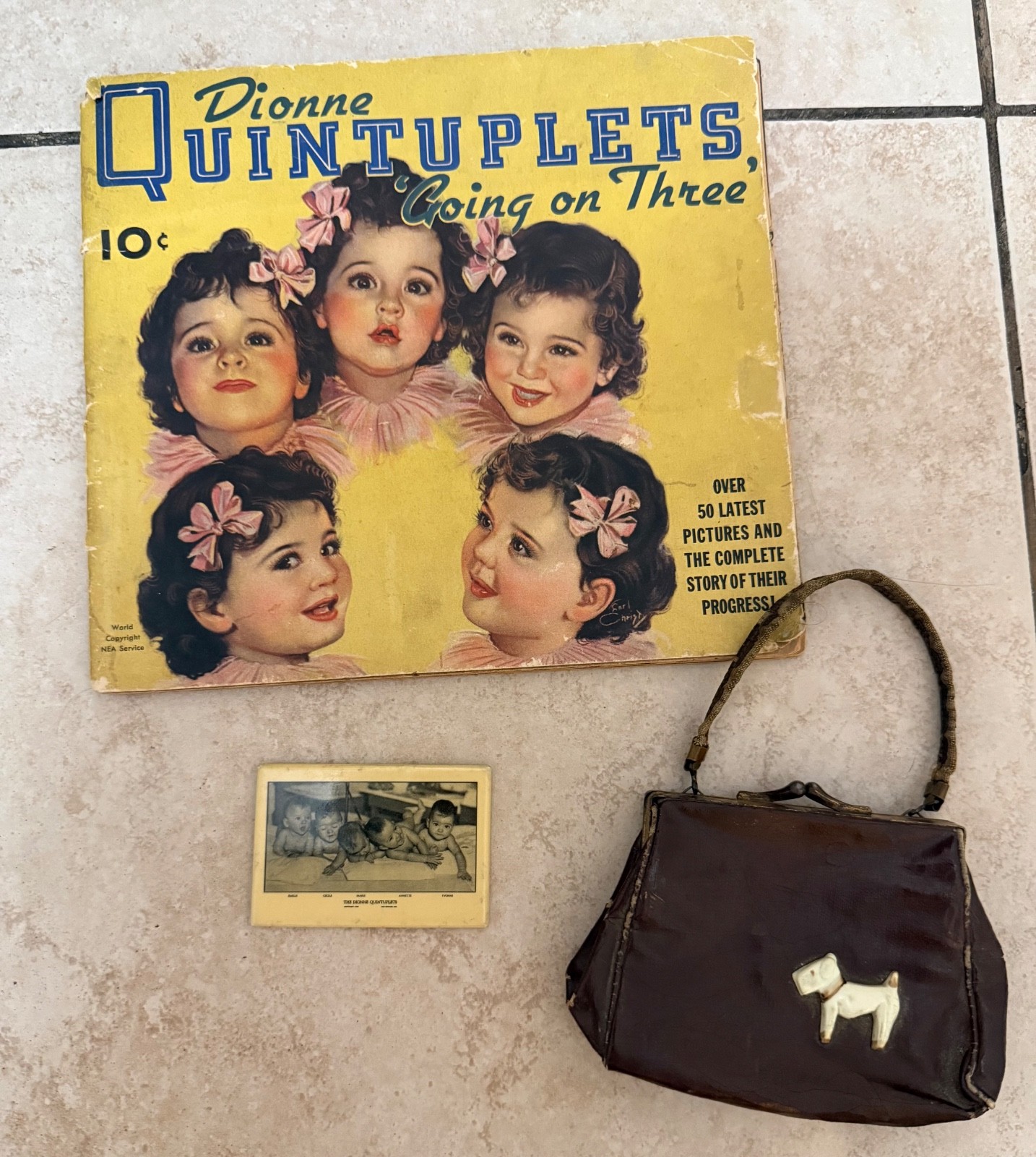 Dionne Quintuplets Child's Purse Herz & Kory, Mirror, Paper Book Booklet 1936