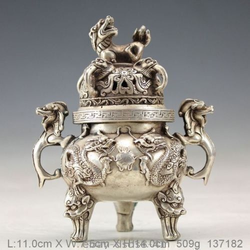 China Oriental Incense Burners Vintage Silver Bronze Hand-work Dragon