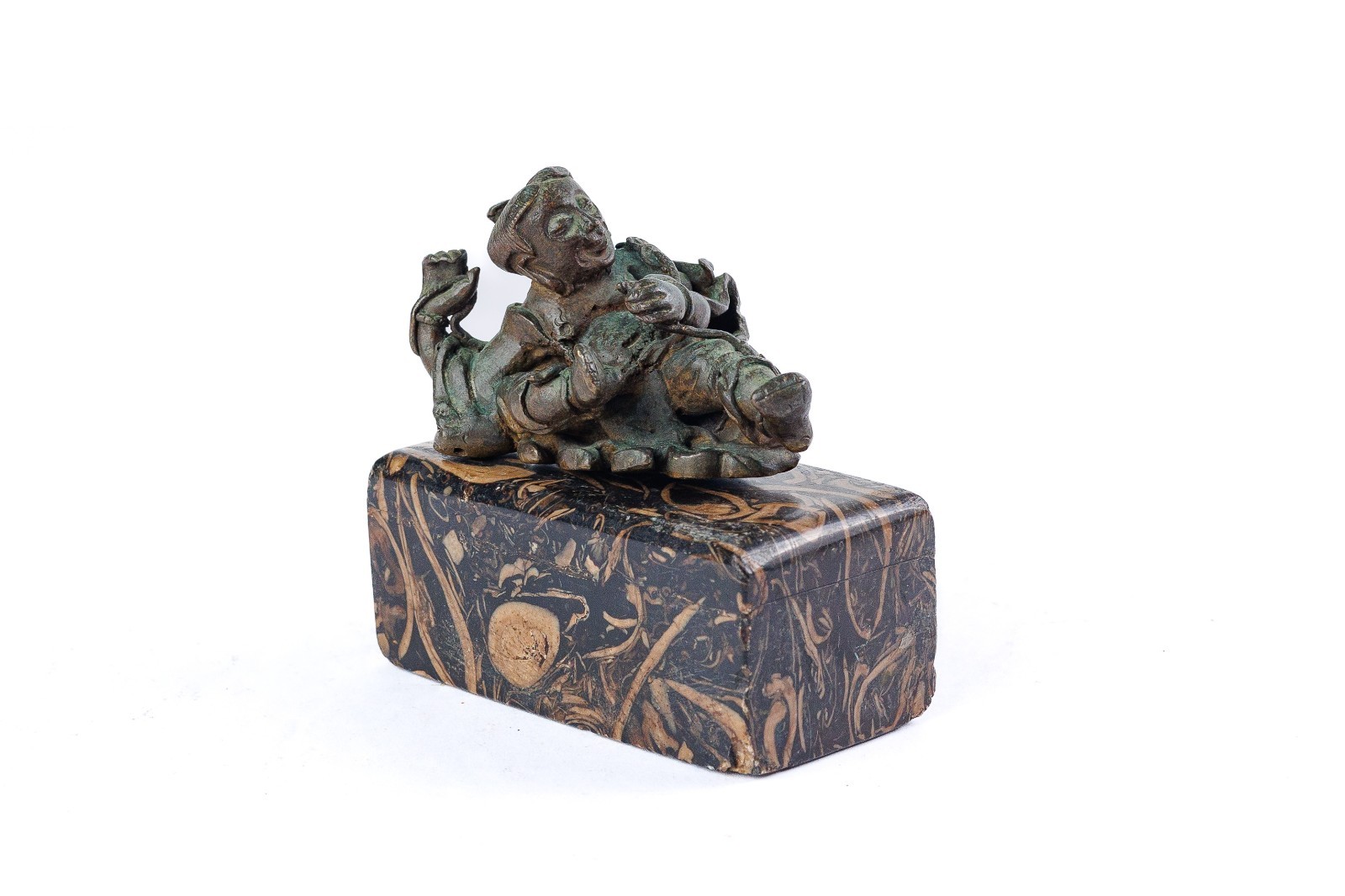 Miniature Indian Bronze Reclining Bala Krishna Sculpture on Marble Base