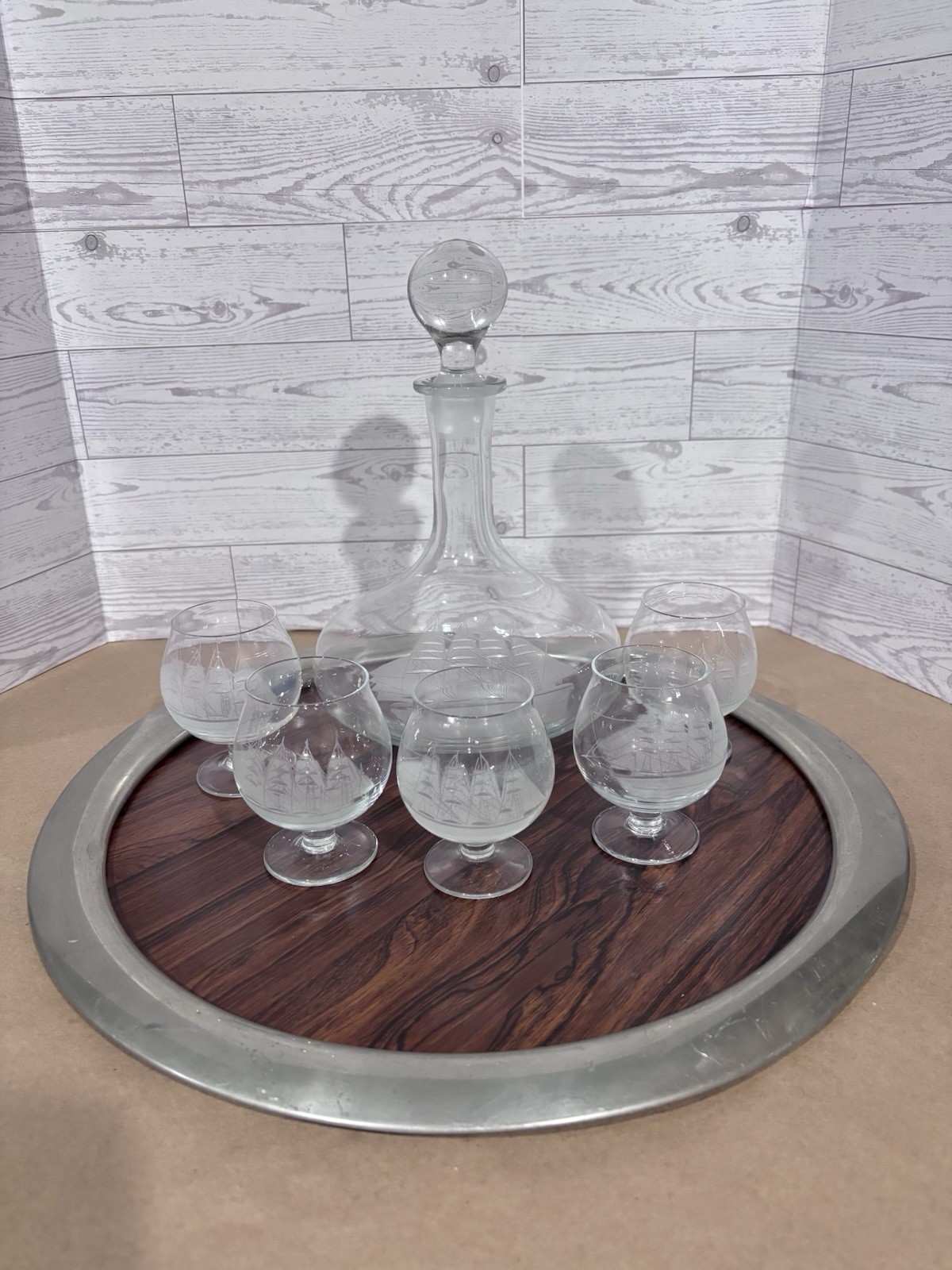Vtg Mid Century Ships Decanter 5 Brandy Snifters Serving Tray Set Clipper Bar 7p