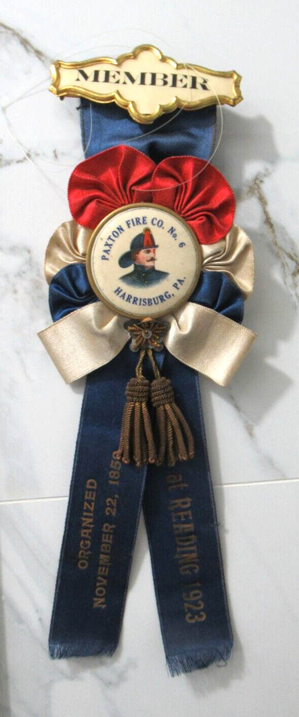 1923 Antique Fire Department Ribbon Member Medal, Paxton Fire Co. Harrisburg PA