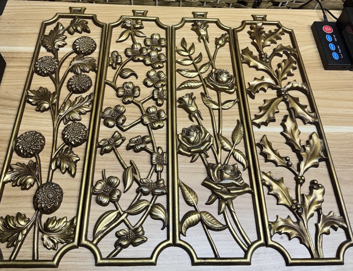 Vtg 60s Set Of 4 Gold Gilt Sexton Metal Wall Hanging Floral plagues Pictures 