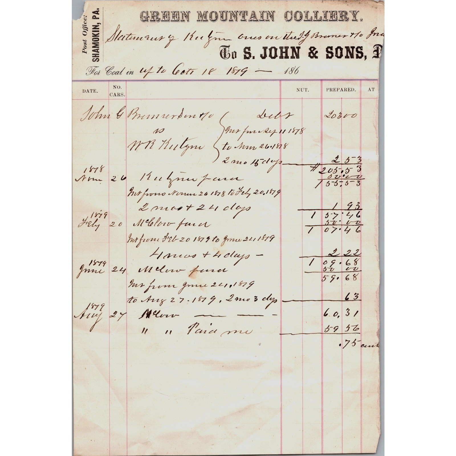 Vintage 1879 Green Mountain (Coal) Colliery Shamokin PA Letterhead Receipt