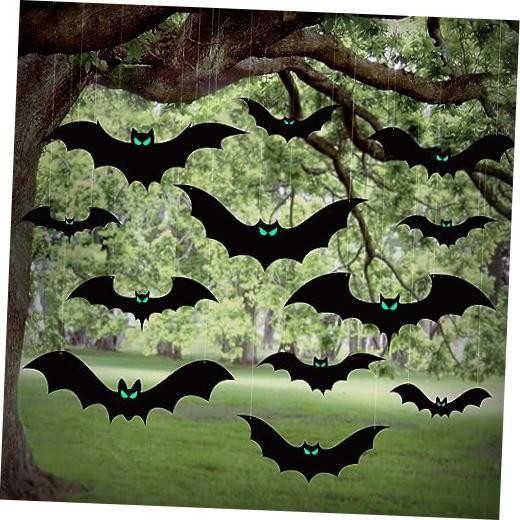 16Pcs Halloween Hanging Bats Decorations Outdoor, Large Flying Bats with
