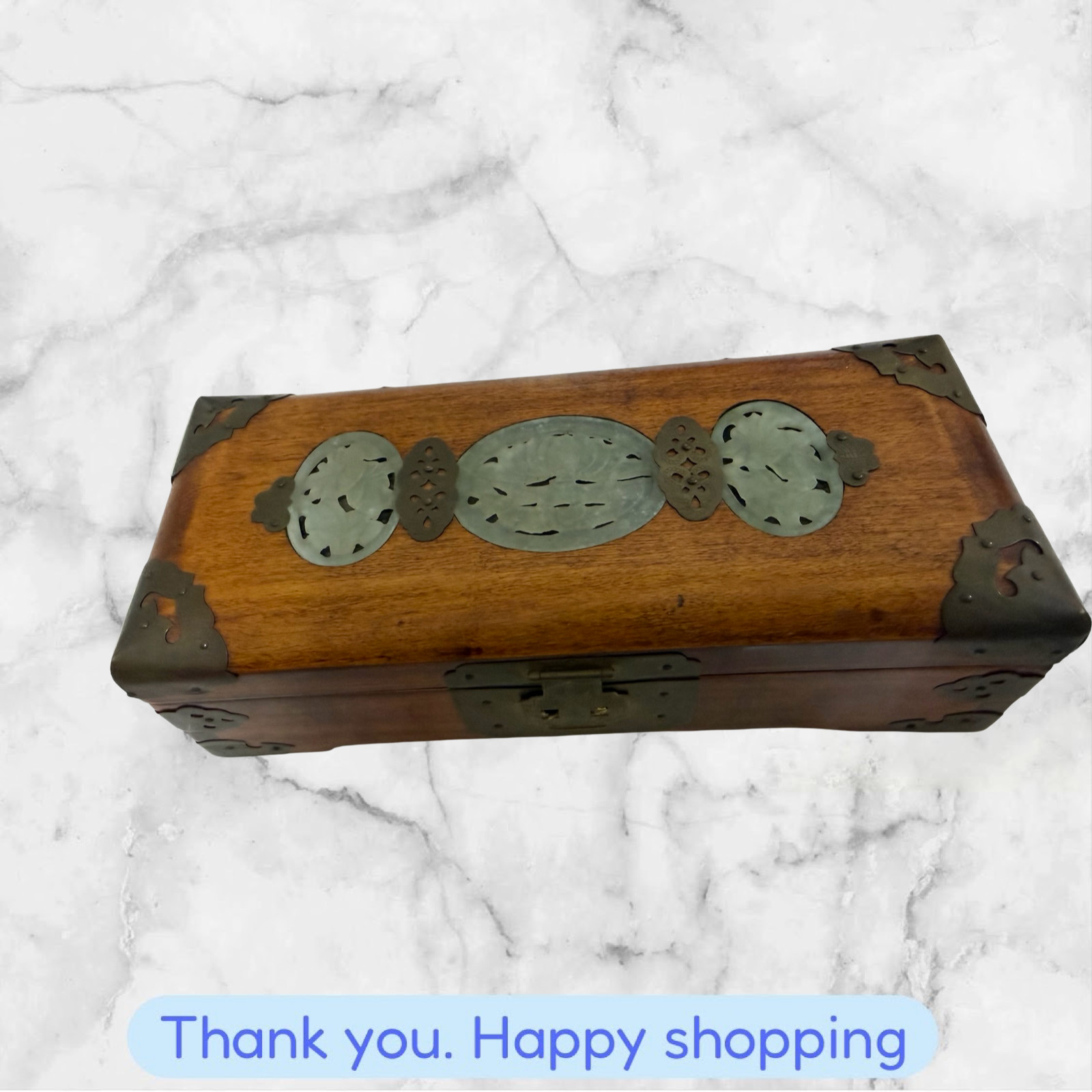 VINTAGE CHINESE WOODEN BOX JEWELRY TRINKET CARVED JADE BRASS Silk INSIDE 