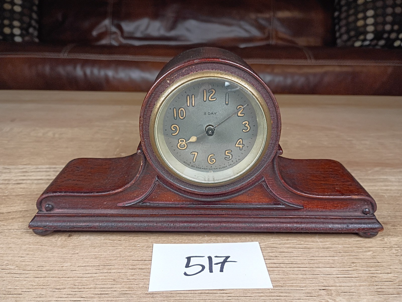 RARE Antique New Haven Mini Tambour Mantle Clock 8 day Rear Wind Up WORKS