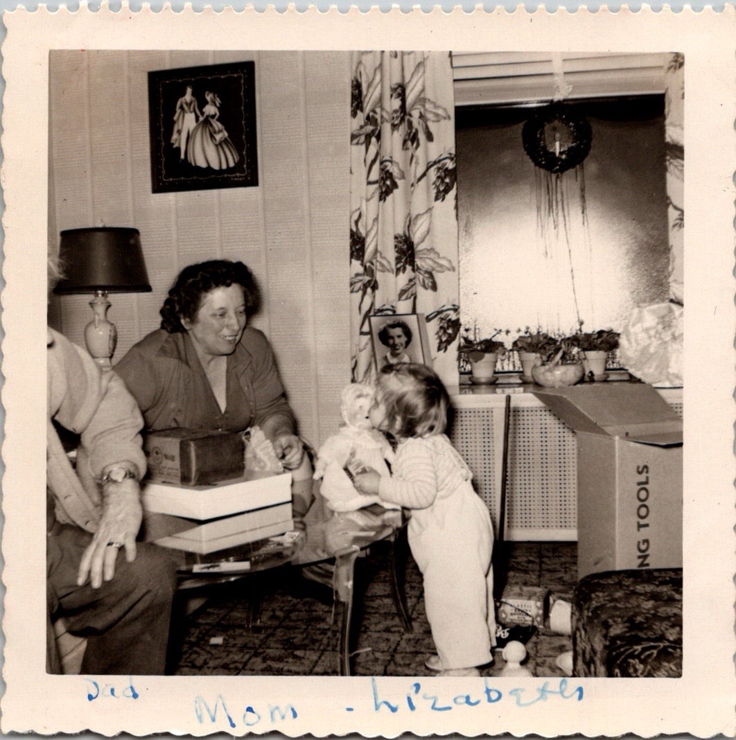 Vtg B&W Photo 1951 Christmas Day Tree Presents Santa Kid Girl Toys Family Home