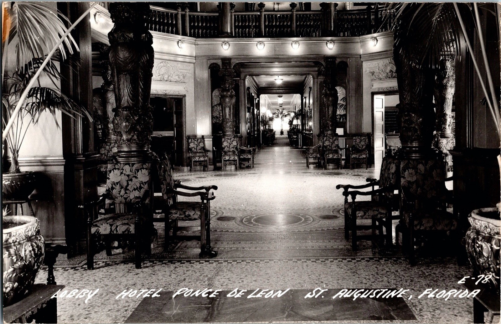  Vintage St Augustine, Florida Ponce De Leon Hotel Lobby Real Photo Postcard 