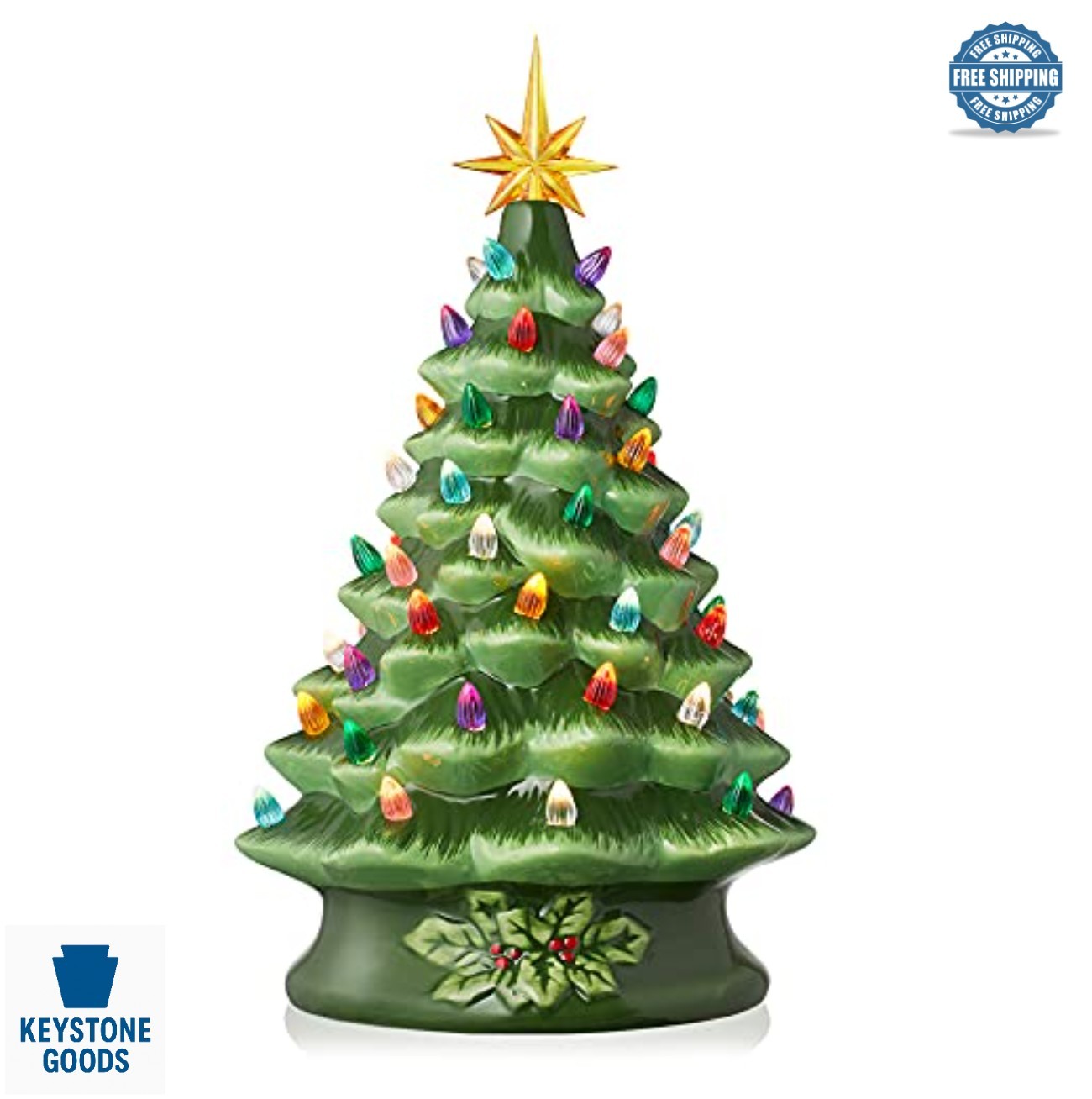Hand Painted Ceramic Christmas Tree 15 Inch Pre-Lit 128 Multi Color Lights Star