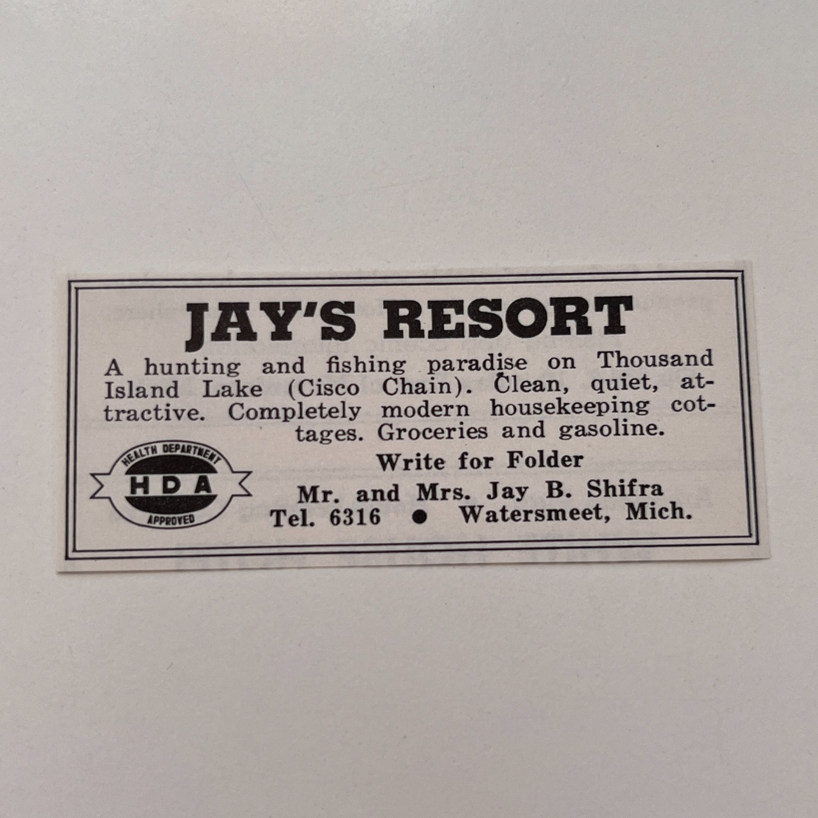 Jay\'s Resort Mr. & Mrs. Jay B. Shifra Watersmeet  1958 MI Ad TAK3-S16