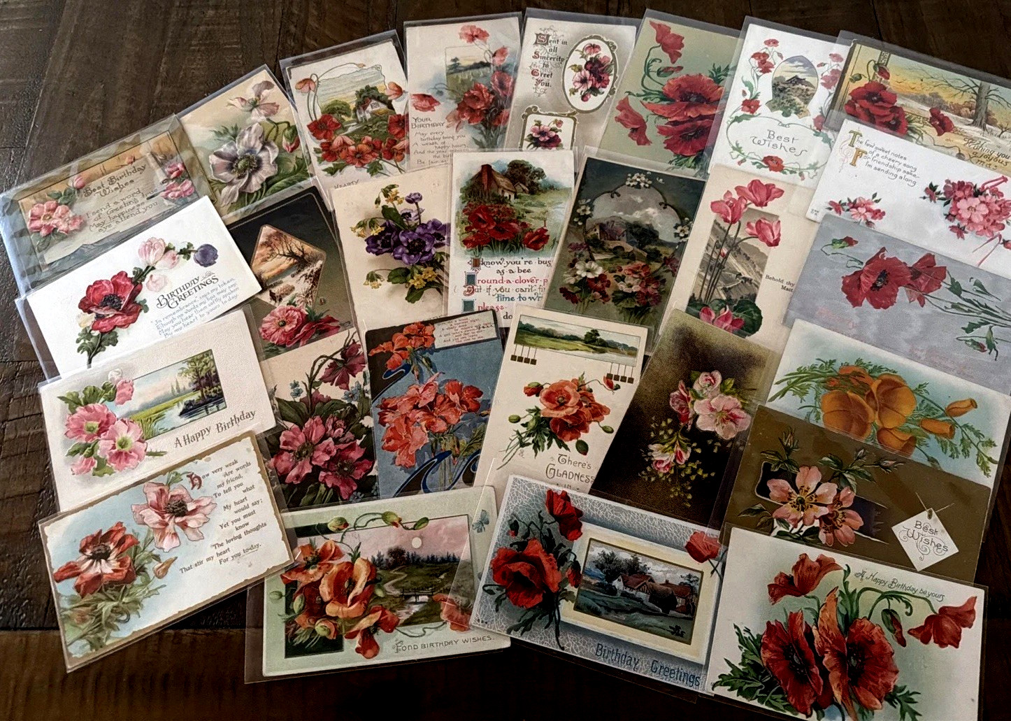 Colorful Lot of 25 ~Antique~GREETINGS POSTCARDS with POPPIES~POPPY FLOWERS~s497