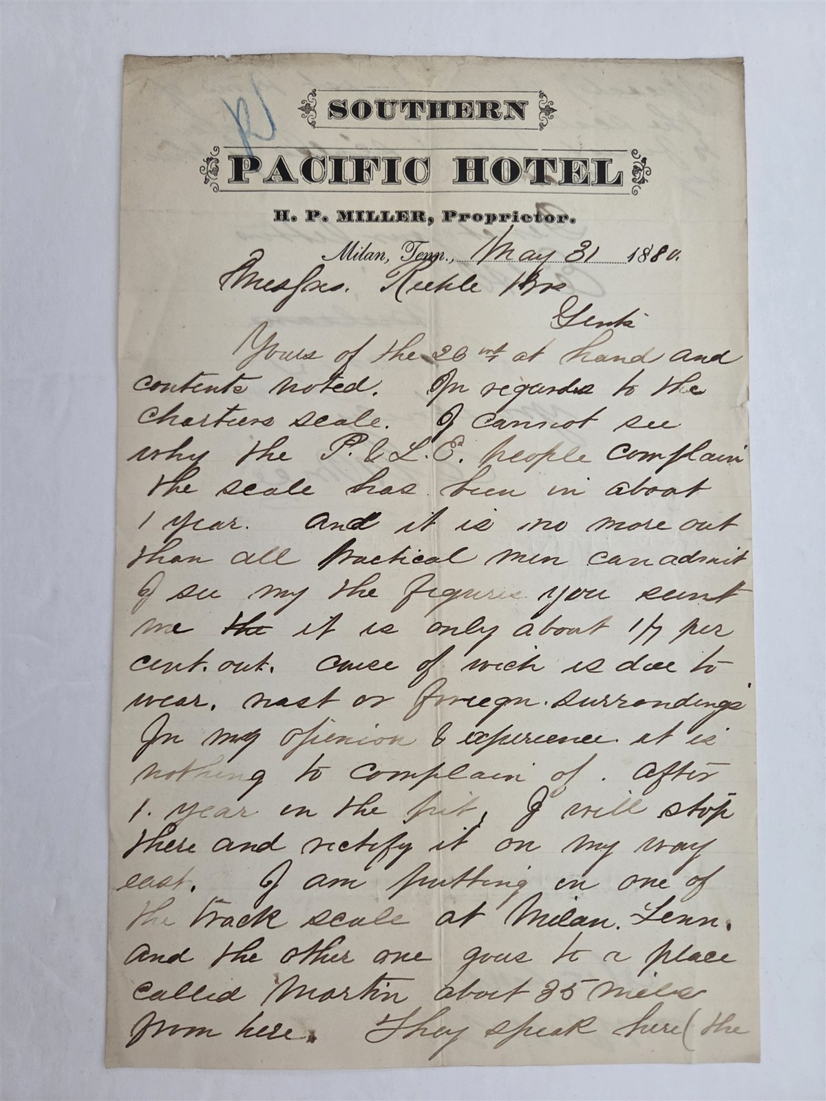 1886 antique SOUTHERN PACIFIC HOTEL milan tn H P MILLER LETTER railroad SCALE