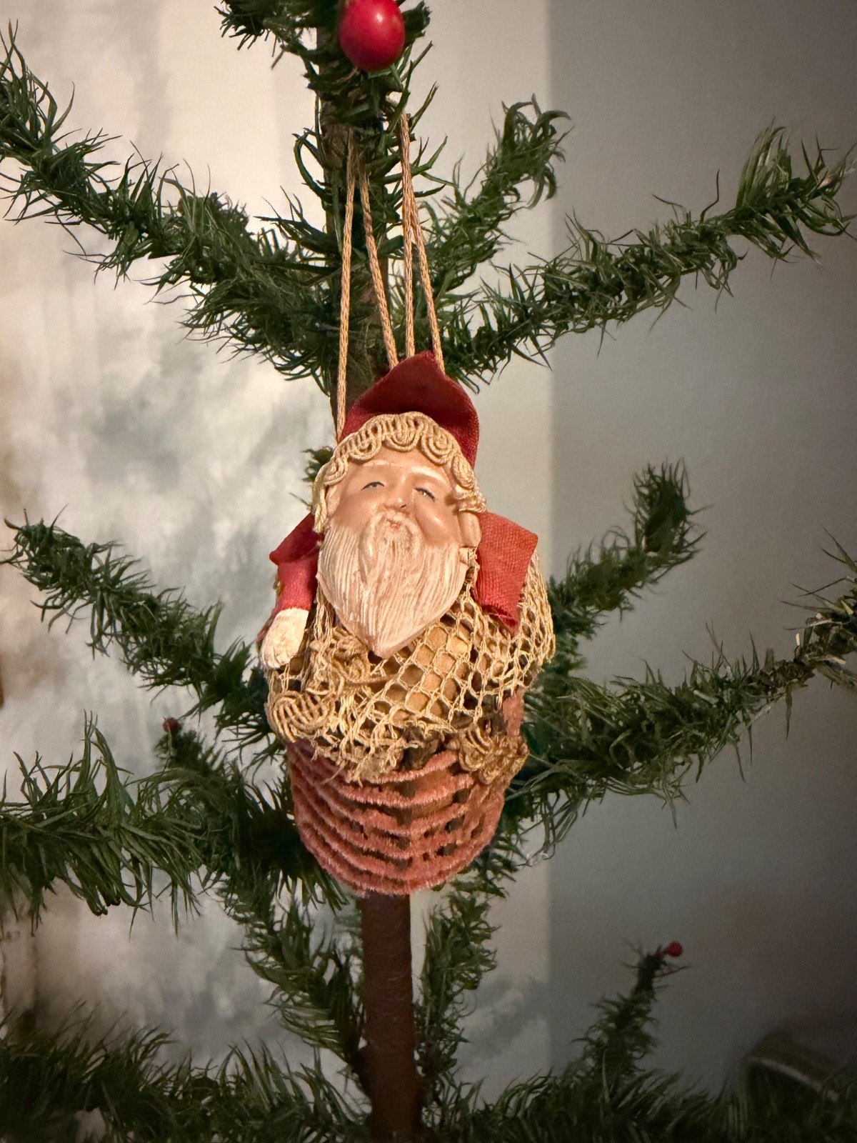 Antique 1920s Santa Candy Basket Container, Celluloid Face, Christmas Ornament