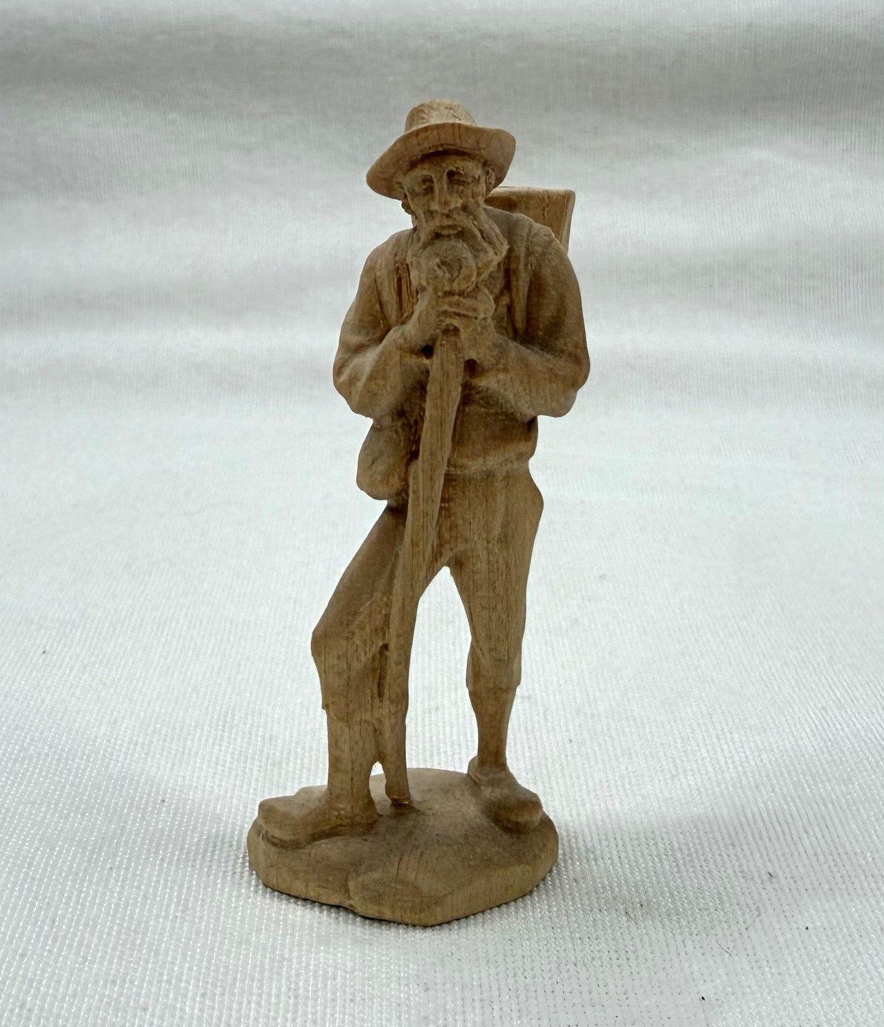 Vintage Hand Carved Wooden Hiker Figurine Traveler Backpack Staff Folk Art 3”