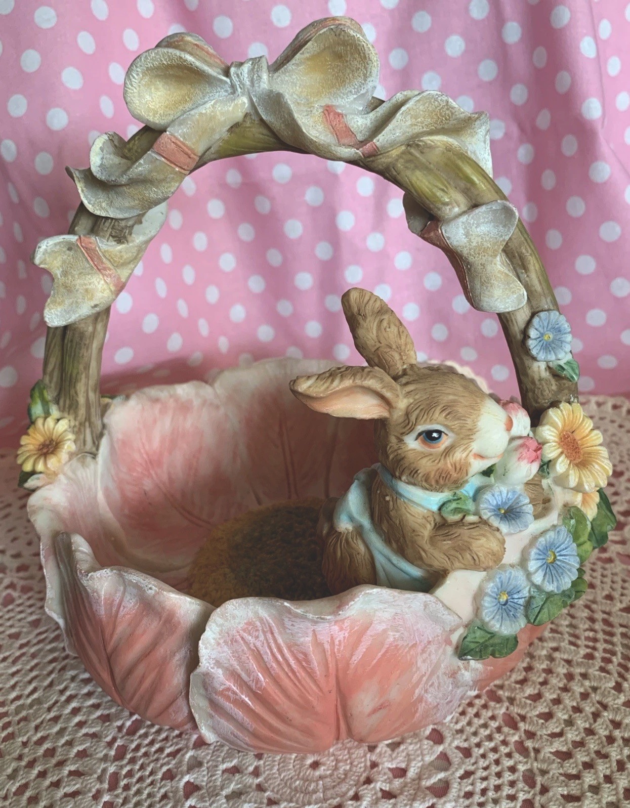 Vintage Spring Easter Basket w/Bunny Rabbit, Spring Flowers, Ribbon & Bows