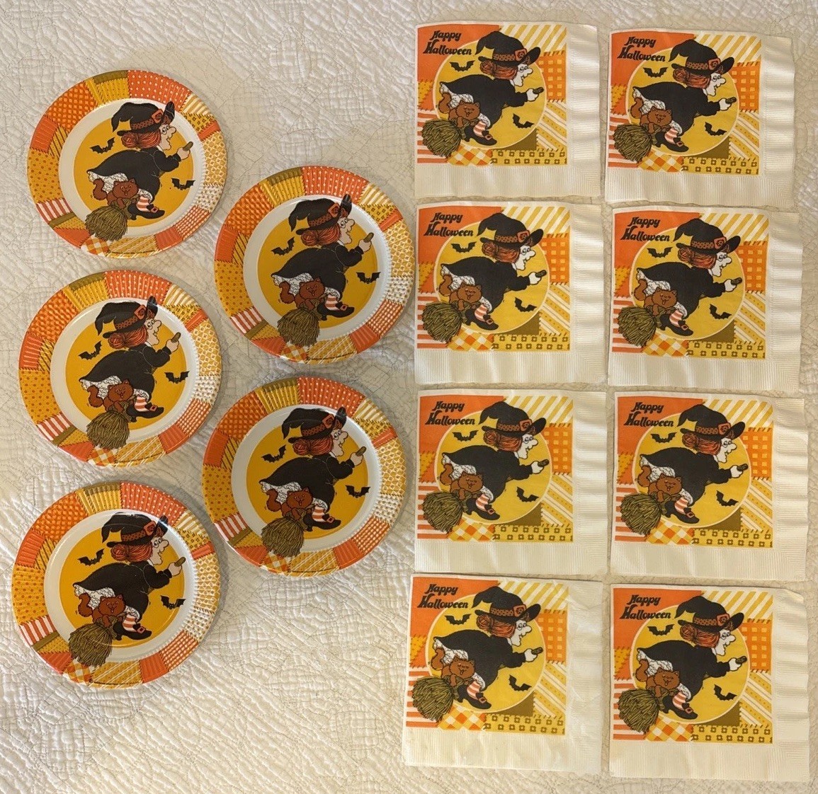 Vtg 1979 American Greetings Halloween Paper Plates & Napkins Patchwork Witch Cat