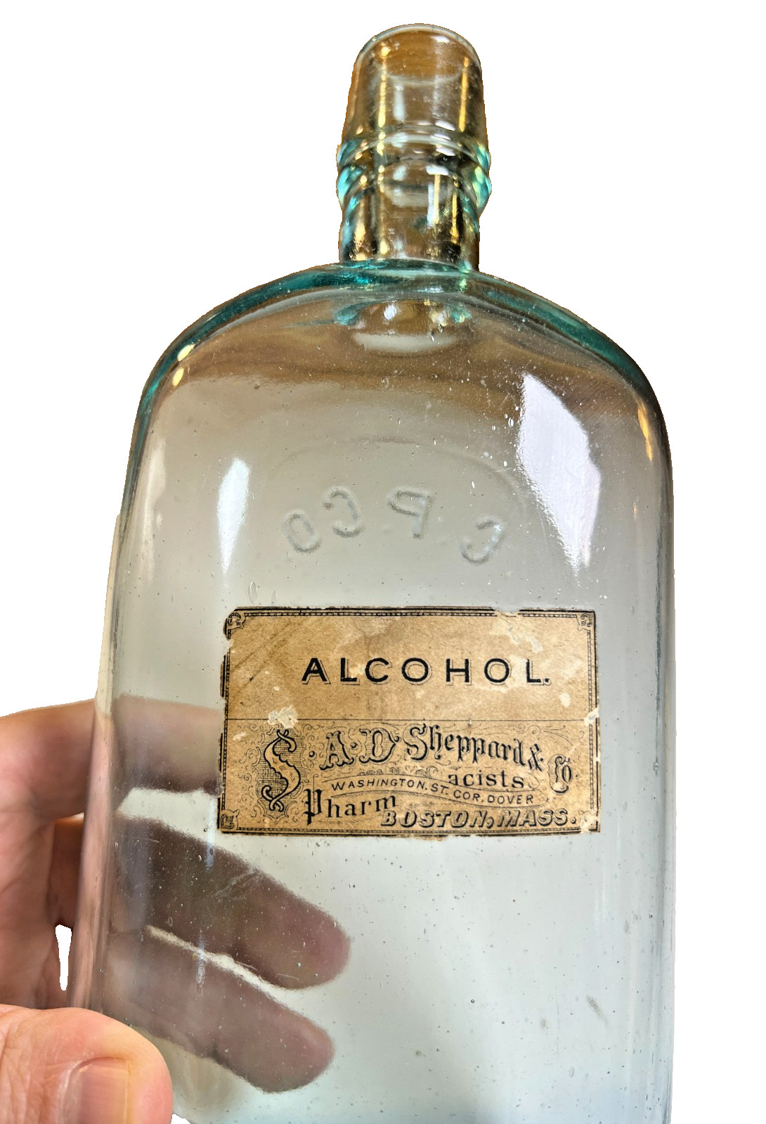 Antique 1880s S.A.D. Sheppard & Co Boston Pharmacy Alcohol Bottle w/ Label