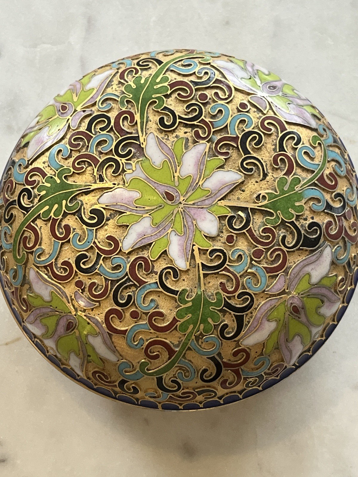 SHIPPING Vintage Chinese Cloisonné Enamel Bronze Lidded Trinket Box Flower
