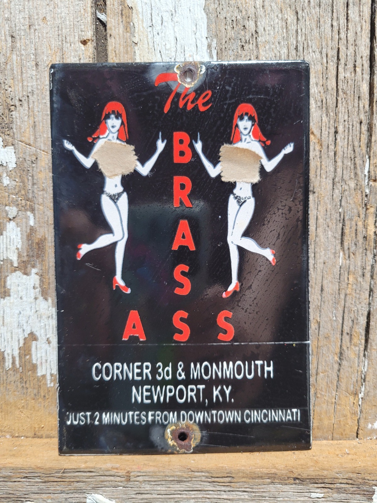 VINTAGE BROTHEL PORCELAIN SIGN OLD BRASS GENTELMANS CLUB CINCINNATI WOMEN BAR