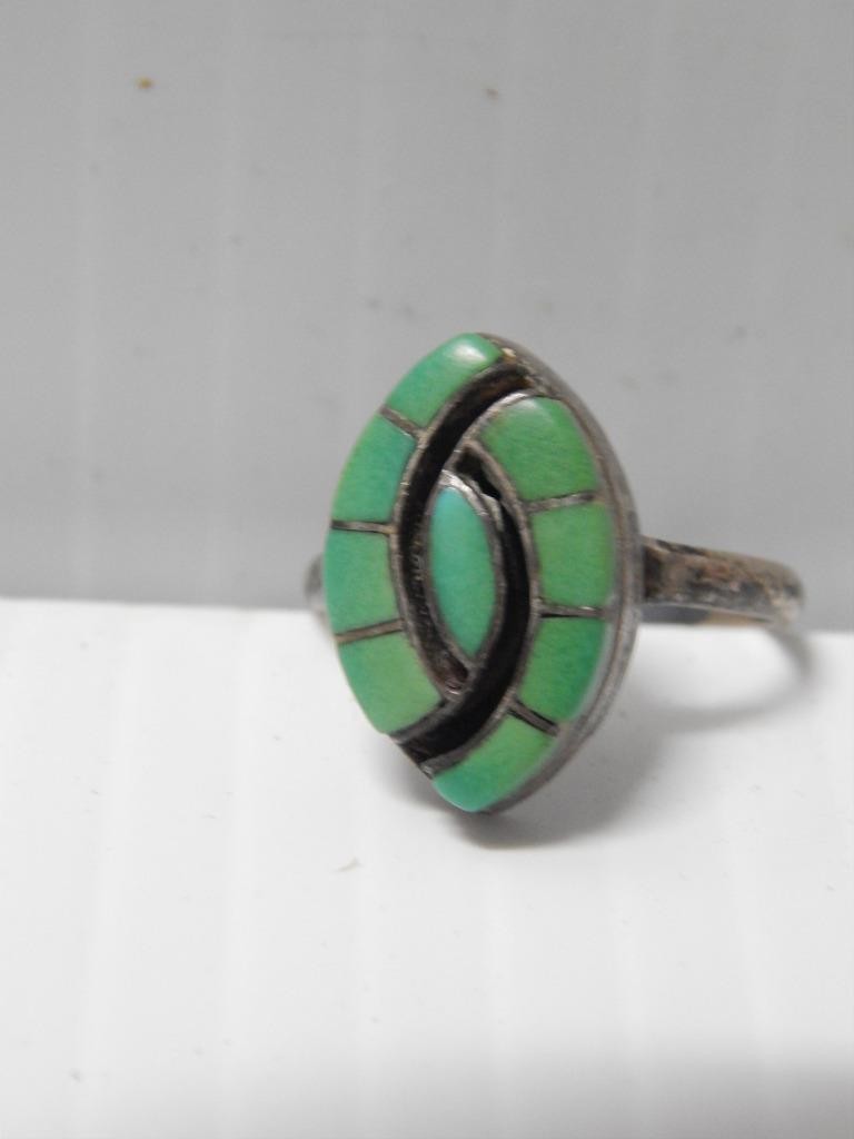 FINE VINTAGE ZUNI INDIAN STERLING SILVER TURQUOISE INLAY RING  sz: 6.5
