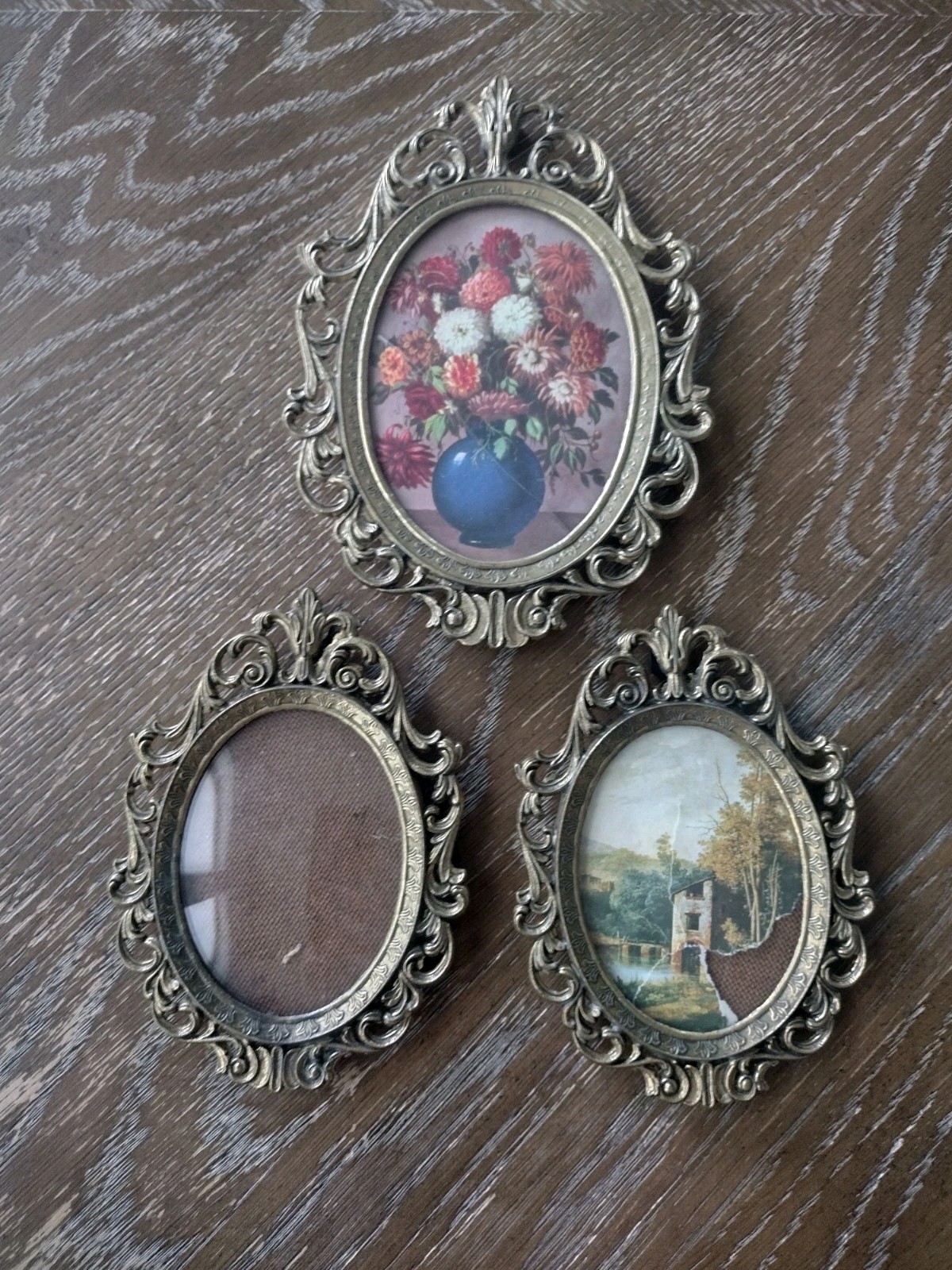 Vintage Set of 3 Ornate Oval Mini Gold Tone Metal Wall Frames Floral Made Italy