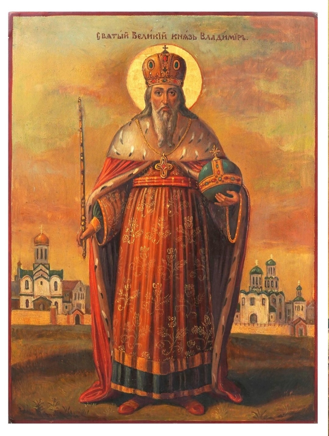 ANTIQUE 19c RUSSIAN HAND PAINTED ICON OF THE ST.VLADIMIR