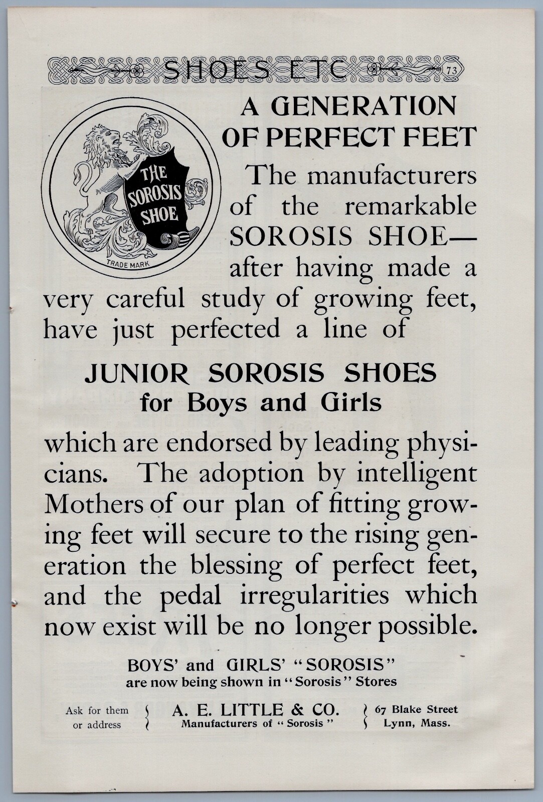1901 A E Little Junior Sorosis Shoes Vintage Ad Boys Girls Doctor Endorsed