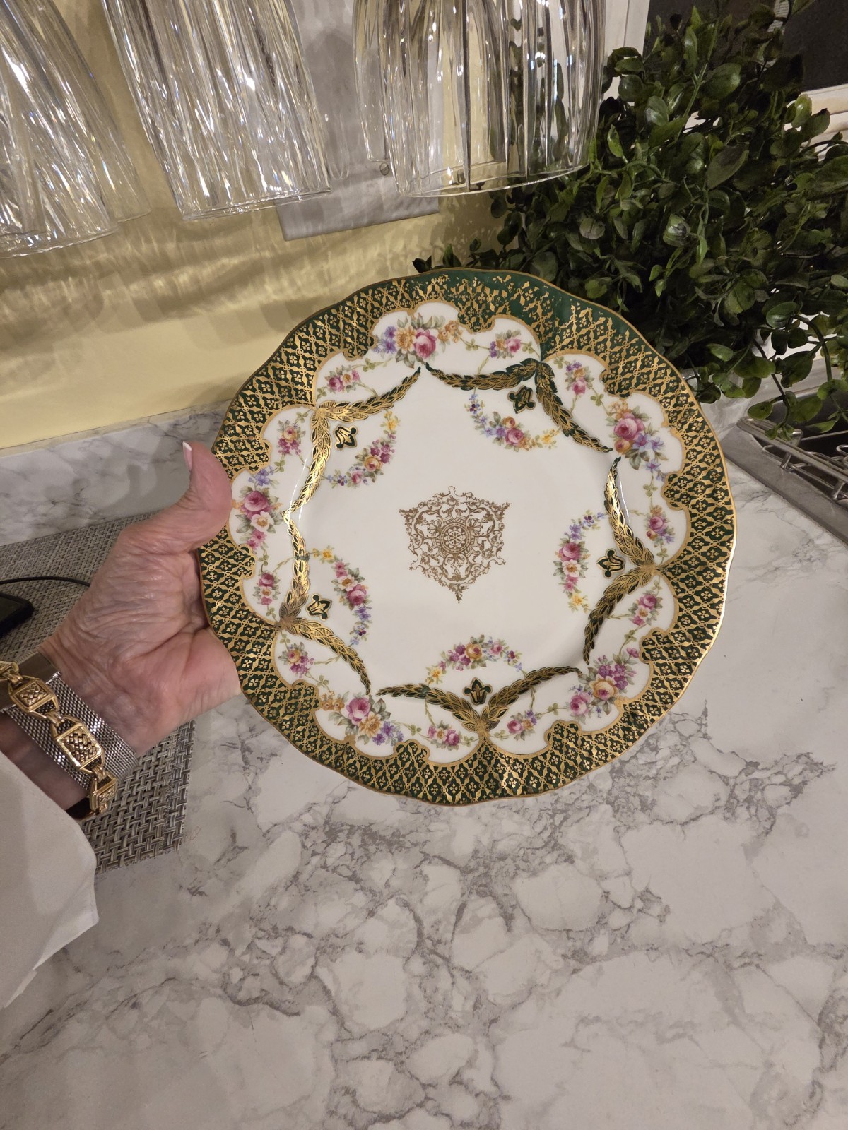 Antique Limoges Plate Green and Gold Gilt Scalloped Floral Cir 1896-1914 France