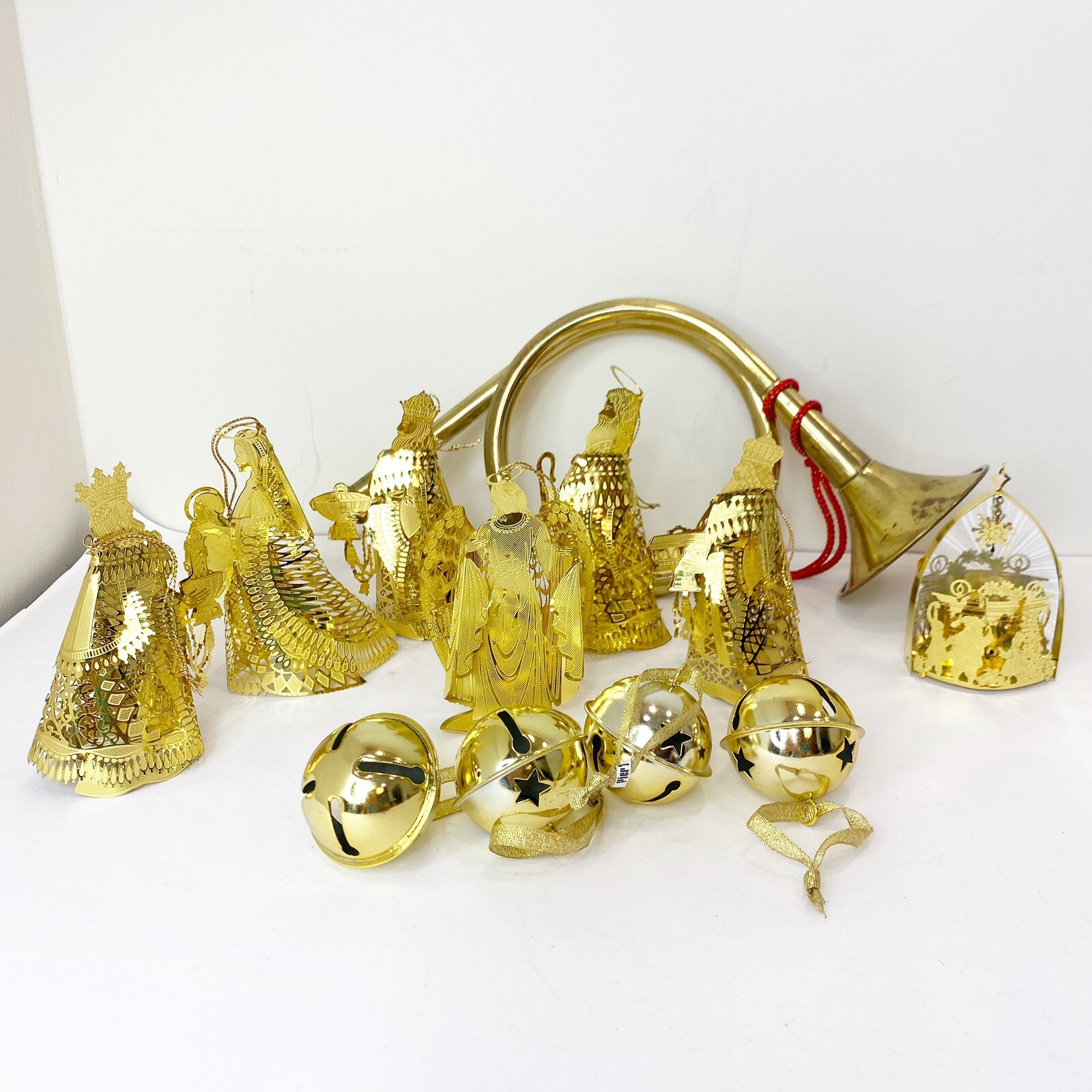 Lot Of 12 Vintage Shiny Brass Christmas Laser Cut Ornaments, Bells & Bugle Horn