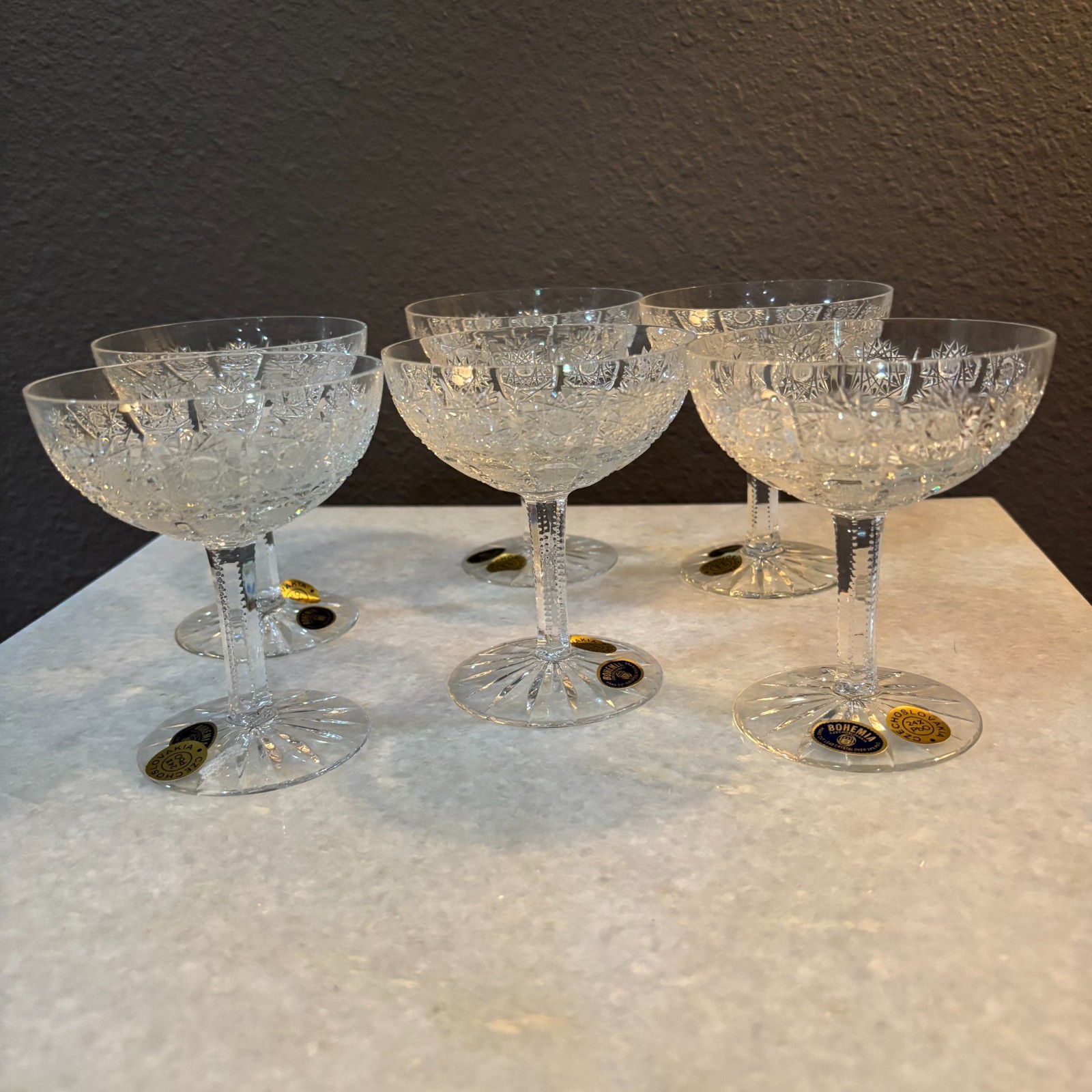 NOS Vintage Bohemia Crystal Champagne Coupes Set of 6  Pinwheel Pattern