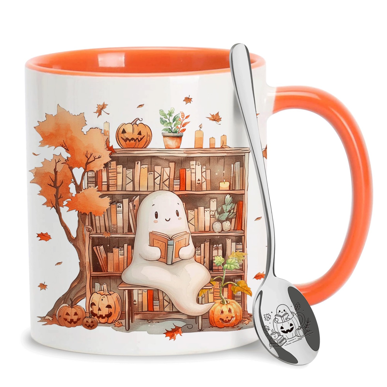 Hyturtle Fall Cute Ghost Reading Coffee Mug with Spoon Gift for Book Lovers