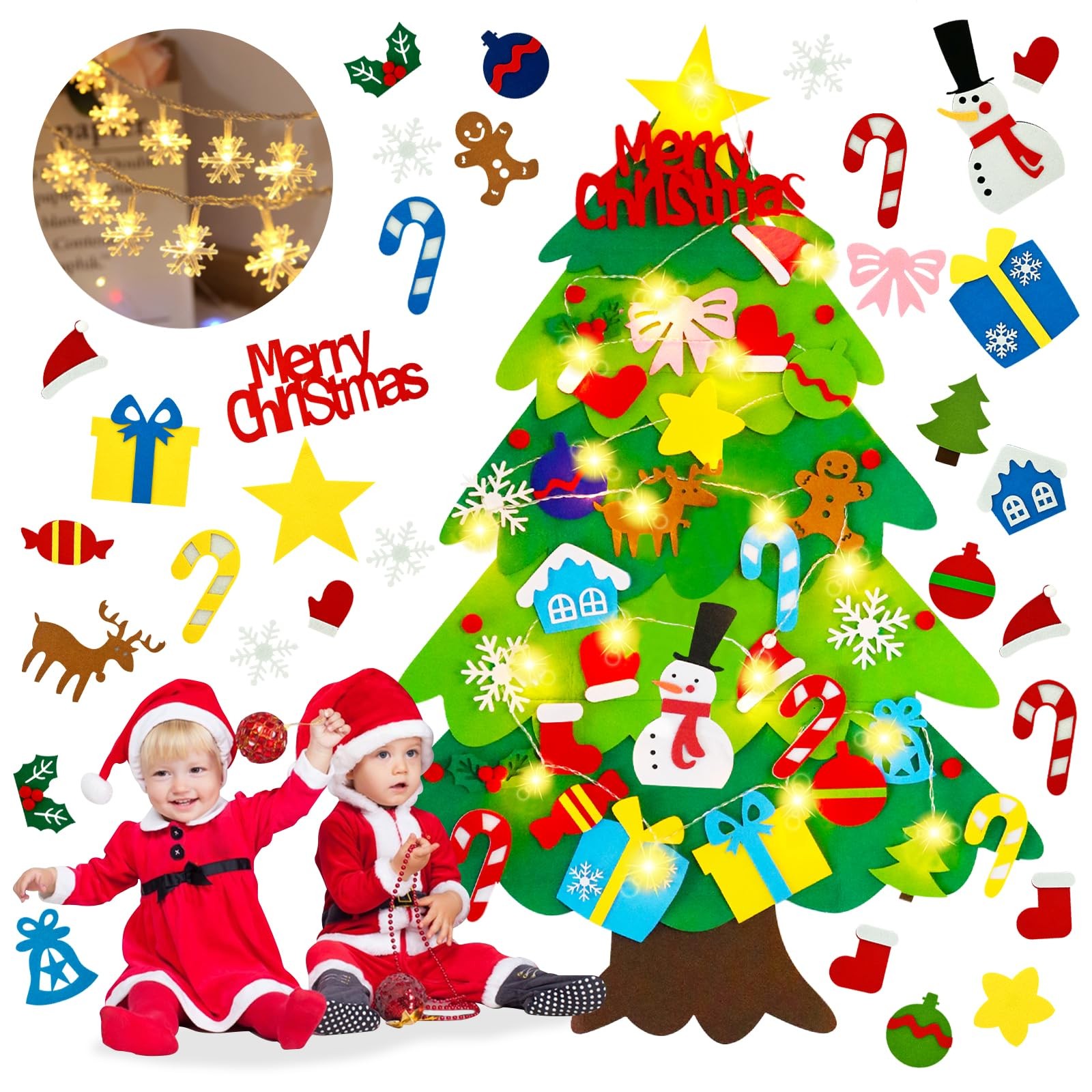 Felt Christmas Tree for Toddlers with Snowflake Light 32 Ornament 3.3ft Felt