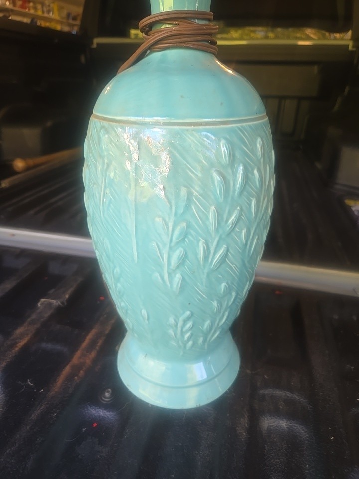 Vintage MCM Turquoise Teal Geometric Pattern Funky Ceramic Table Lamp Retro