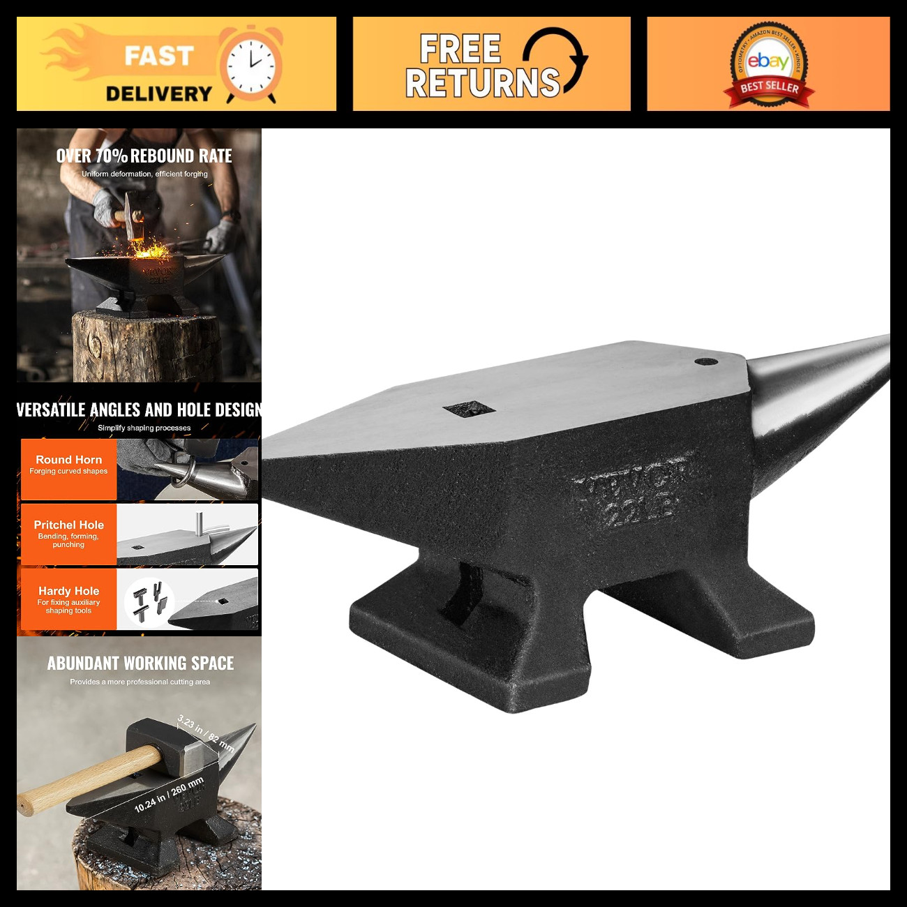 22Lbs Cast Steel Anvil - Heavy-Duty Blacksmith Tool with Round & Square Holes