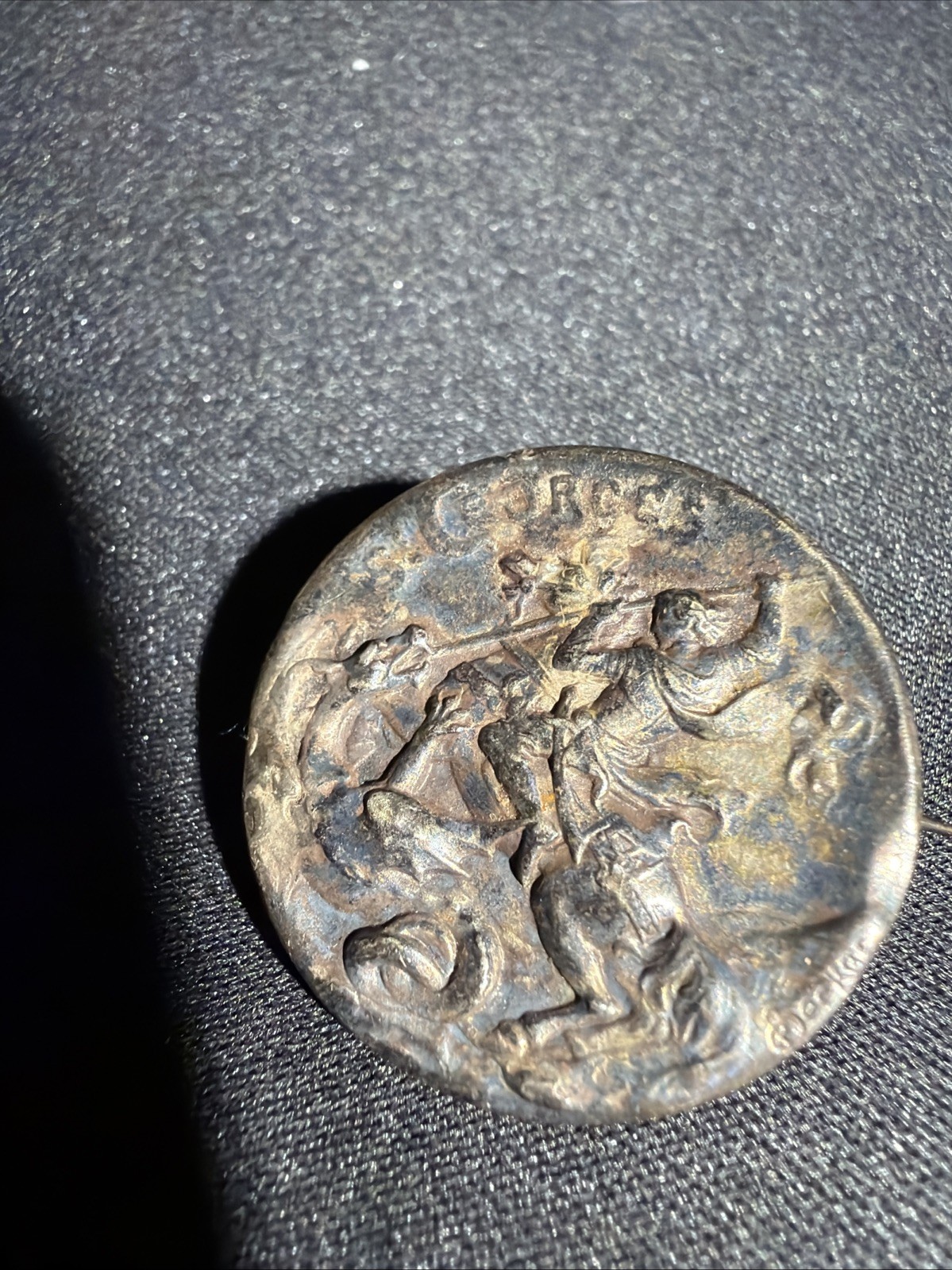 St George & The Dragon Motif Antique Coin Pin Silver French Rare Vintage