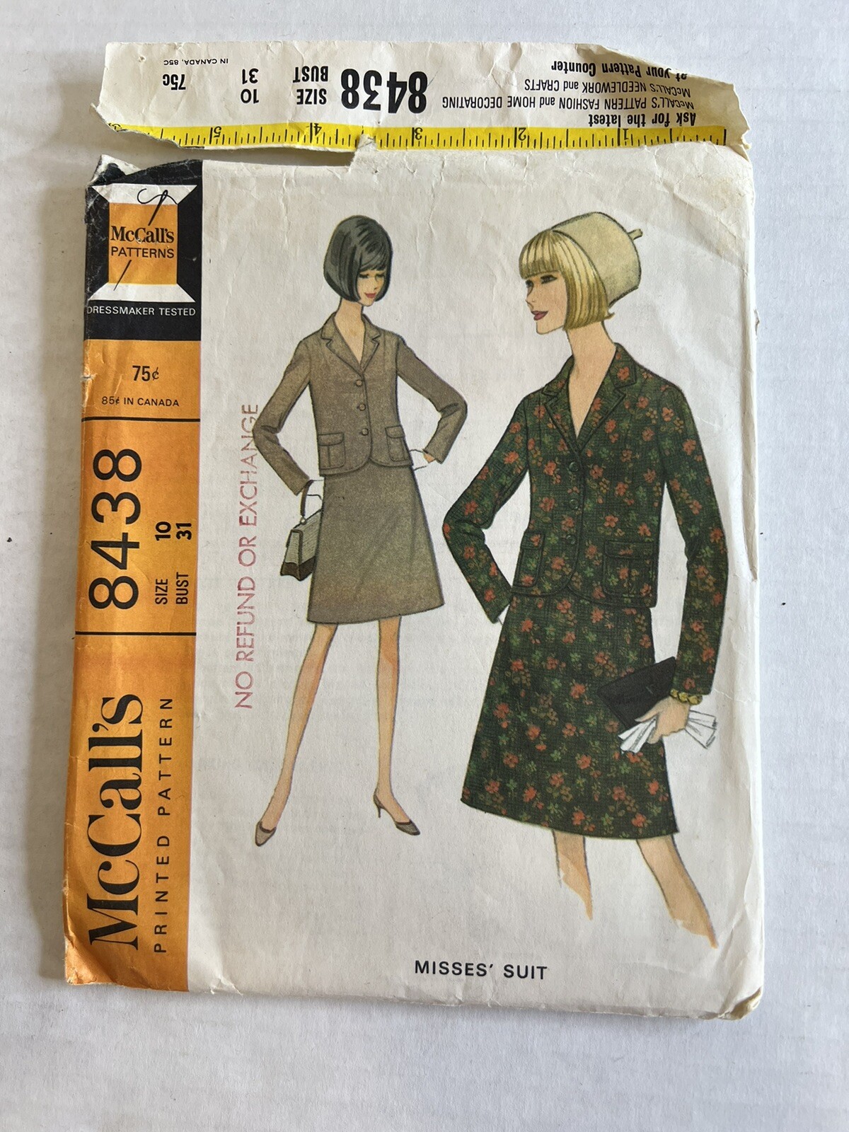 McCall’s Pattern # 8438 Misses Suit Sz 10 Bust 31 Yr. 1966 Missing 1 Pc. READ
