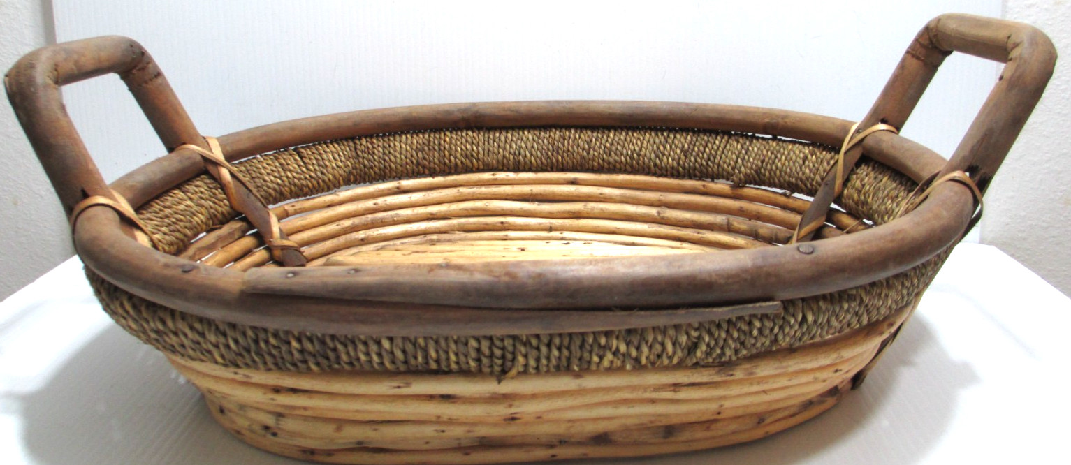 Vintage Hand-Woven Rattan Bamboo Rope Basket Tray Oval Wood Handles 17 1/2\