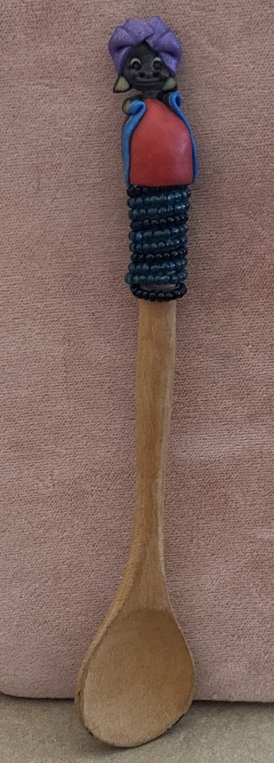 VTG Kenyan BIBI Beaded Wooden Hand Carved Decorative Sugar Scoop Art 6”