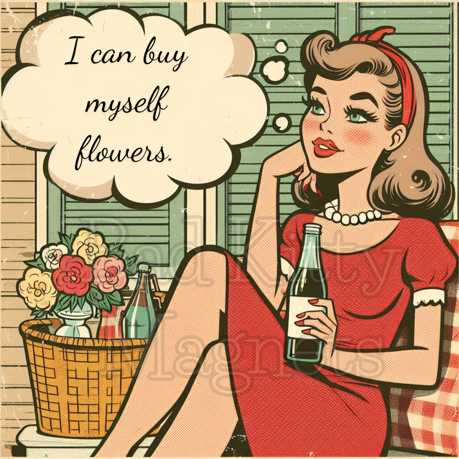 retro lady I can buy myself flowers High Quality Fridge Magnet Metal 3x4 694