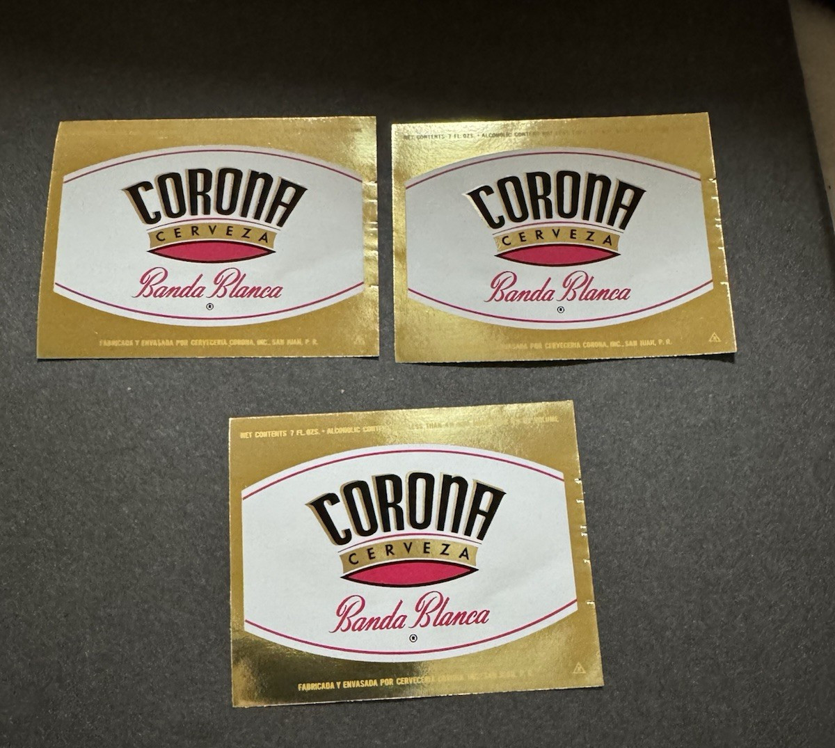 3 Vint. Corona Cerveza Banda Blanca Beer Labels San Juan, Puerto Rico Foil 7 oz