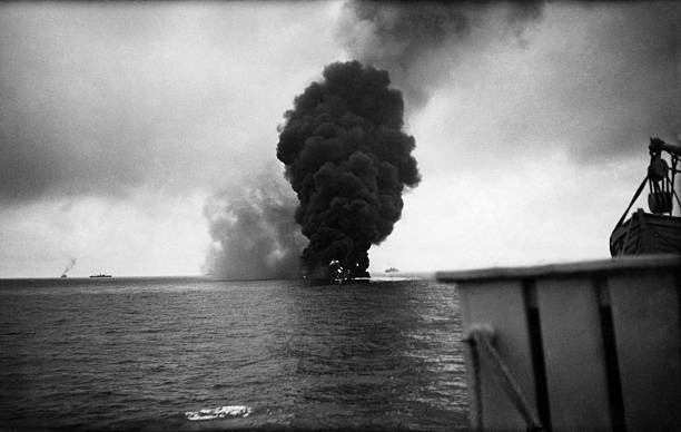 Shipping A Oil tanker a blaze after being torpedoed by a German U-- Old Photo
